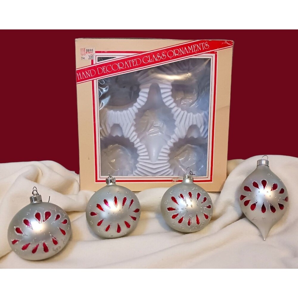 Vtg BRADFORD Novelty Hand Decorated Mercury Glass Teardrop & Round Ornaments Set